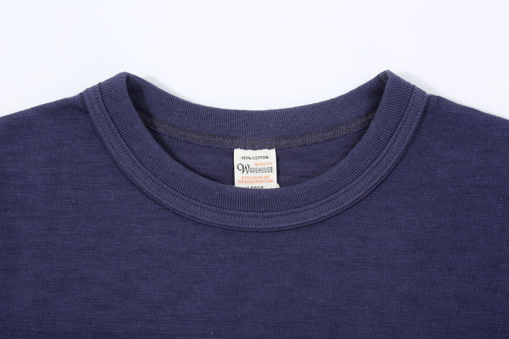 Warehouse Lot 4601 shadow border slub yarn crew neck T-shirt made in Japan navy collar close up