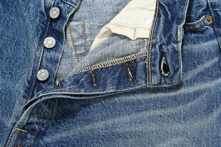 Warehouse 1101 2nd hand selvedge denim jeans vintage wash light indigo straight fit made in Japan button hole