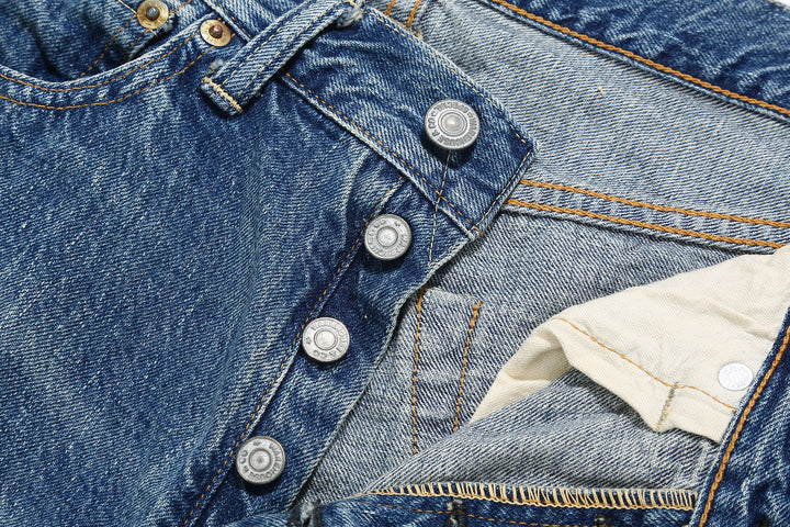 Warehouse 1101 2nd hand selvedge denim jeans vintage wash light indigo straight fit made in Japan button fly