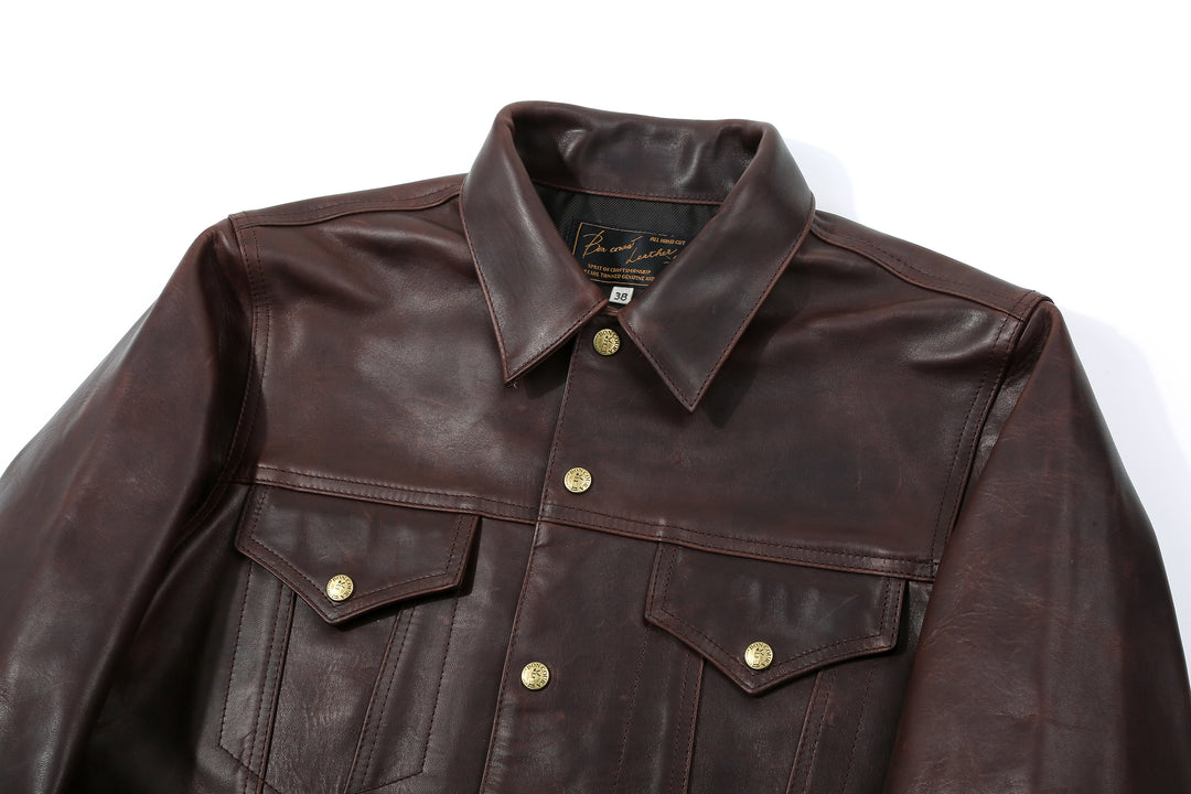 Boncoura Type 3 Horsehide Leather Jacket Hand-Waxed Brown Finish Made in Japan collar