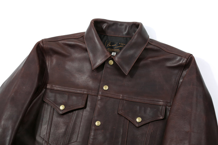 Boncoura Type 3 Horsehide Leather Jacket Hand-Waxed Brown Finish Made in Japan collar