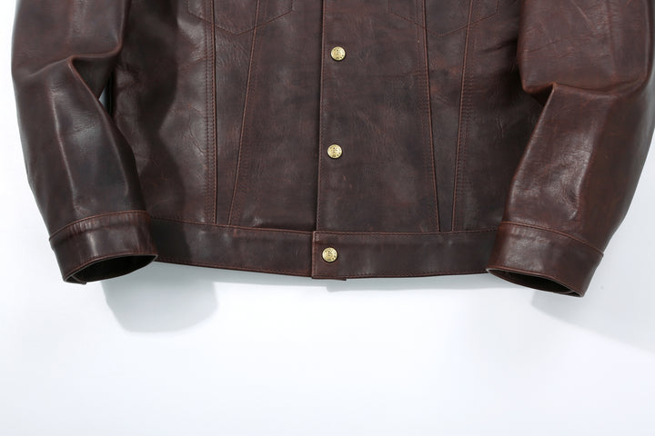 Boncoura Type 3 Horsehide Leather Jacket Hand-Waxed Brown Finish Made in Japan hem