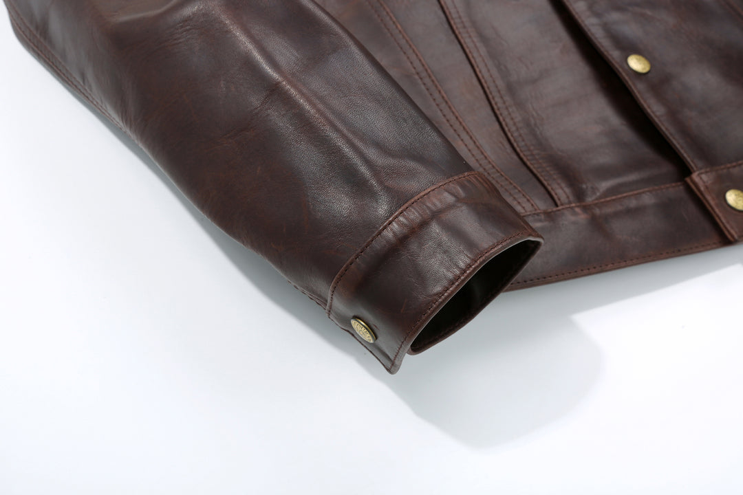 Boncoura Type 3 Horsehide Leather Jacket Hand-Waxed Brown Finish Made in Japan cuff