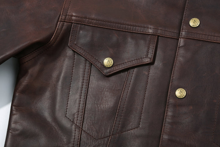 Boncoura Type 3 Horsehide Leather Jacket Hand-Waxed Brown Finish Made in Japan chest pocket right