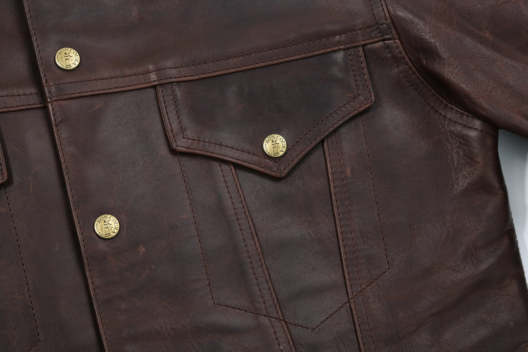 Boncoura Type 3 Horsehide Leather Jacket Hand-Waxed Brown Finish Made in Japan chest pocket left