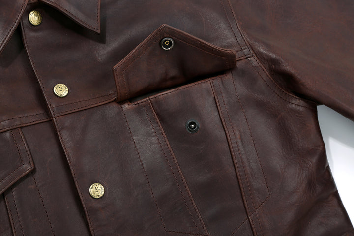 Boncoura Type 3 Horsehide Leather Jacket Hand-Waxed Brown Finish Made in Japan chest pocket flap
