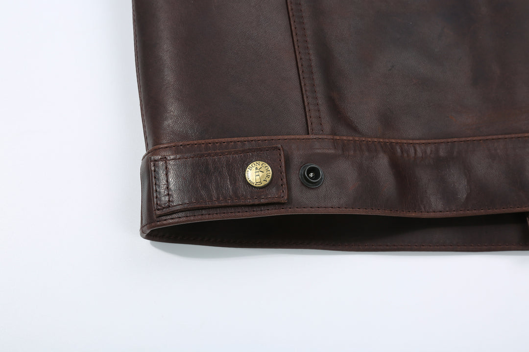Boncoura Type 3 Horsehide Leather Jacket Hand-Waxed Brown Finish Made in Japan adjuster tab