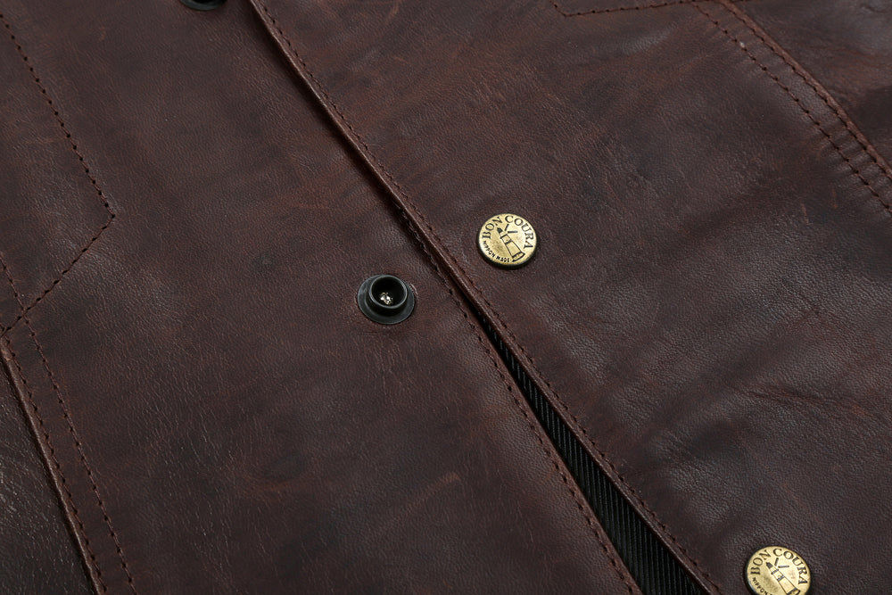 Boncoura Type 3 Horsehide Leather Jacket Hand-Waxed Brown Finish Made in Japan snap buttons