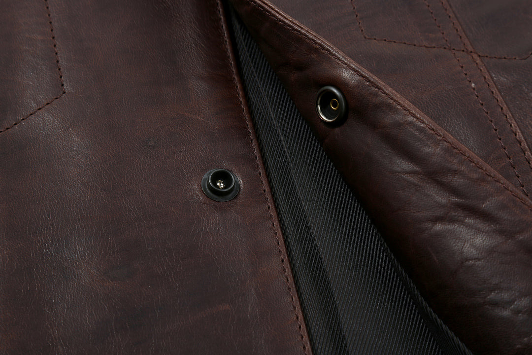 Boncoura Type 3 Horsehide Leather Jacket Hand-Waxed Brown Finish Made in Japan button close up