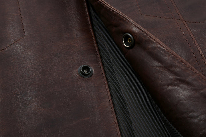 Boncoura Type 3 Horsehide Leather Jacket Hand-Waxed Brown Finish Made in Japan button close up