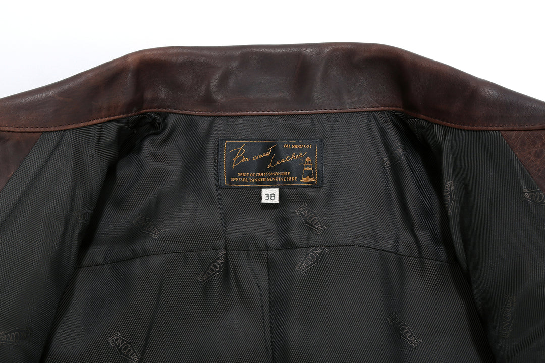 Boncoura Type 3 Horsehide Leather Jacket Hand-Waxed Brown Finish Made in Japan label