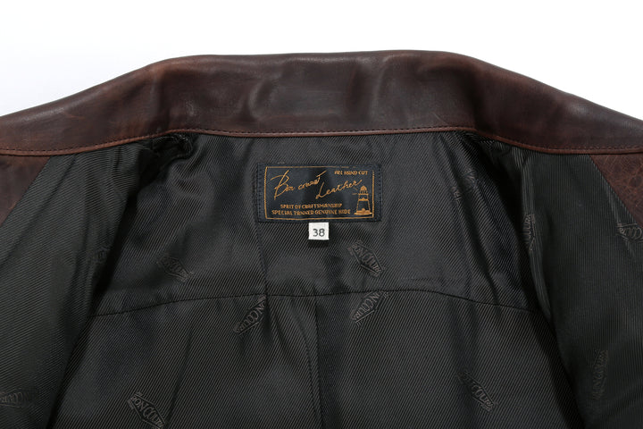 Boncoura Type 3 Horsehide Leather Jacket Hand-Waxed Brown Finish Made in Japan label