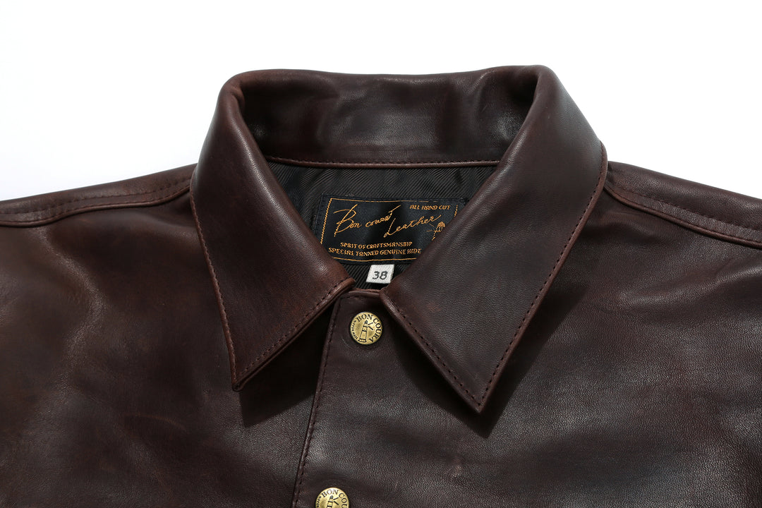 Boncoura Type 3 Horsehide Leather Jacket Hand-Waxed Brown Finish Made in Japan collar close up