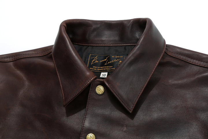 Boncoura Type 3 Horsehide Leather Jacket Hand-Waxed Brown Finish Made in Japan collar close up