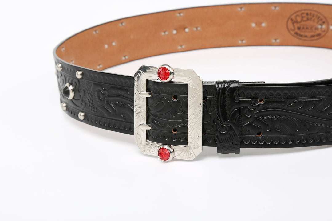 Attractions x ACE Western Belts A20032 Studded and Jeweled Belt Black – Double-Prong Buckle Front View