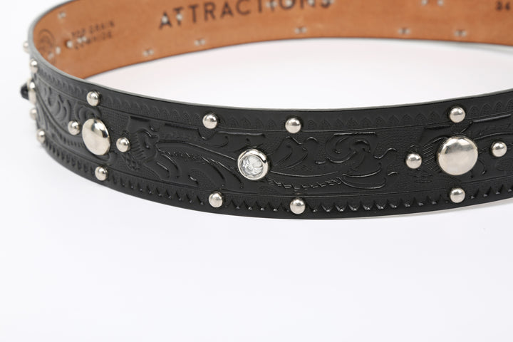 Attractions x ACE Western Belts A20032 Studded and Jeweled Belt Black – Embossed Leather and Clear Jewel Detail