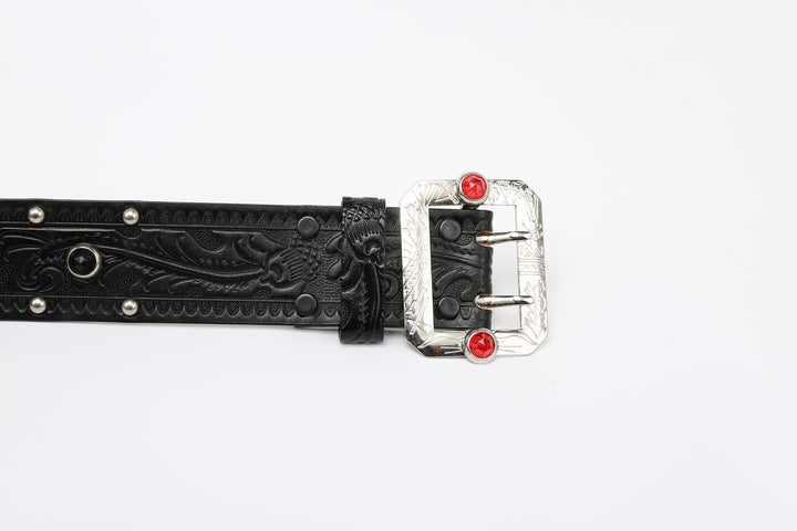 Attractions x ACE Western Belts A20032 Studded and Jeweled Belt Black – Buckle and Leather Keeper Flat View