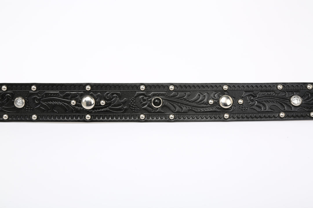 Attractions x ACE Western Belts A20032 Studded and Jeweled Belt Black – Studded and Jeweled Strap Flat View