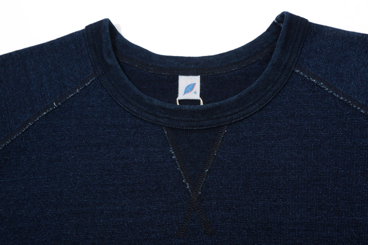 Pure Blue Japan 5411-ID Heavyweight Indigo Slub Jersey T-Shirt Raglan Sleeve Made in Japan Neck Close Up