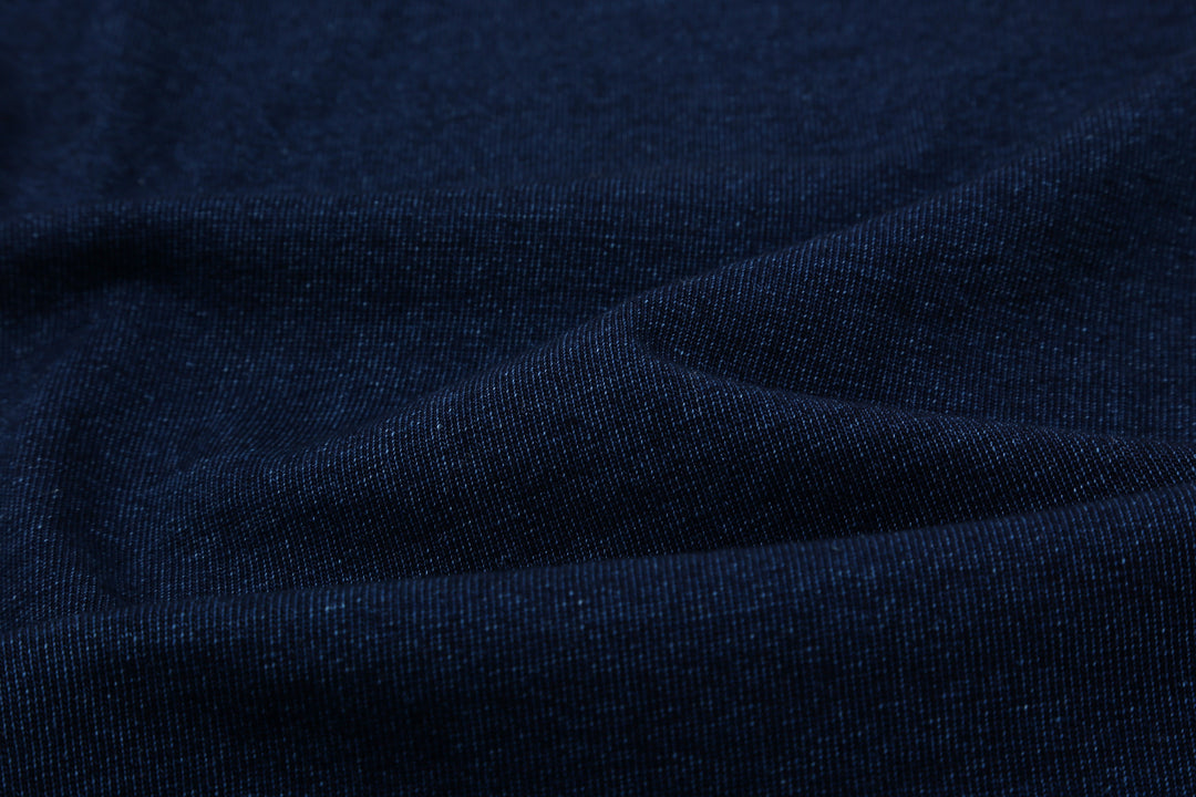 Pure Blue Japan 5411-ID Heavyweight Indigo Slub Jersey T-Shirt Raglan Sleeve Made in Japan Fabric Close Up