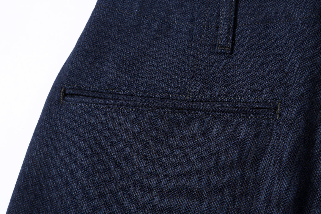 Boncoura 41 indigo herringbone trousers back view back pocket