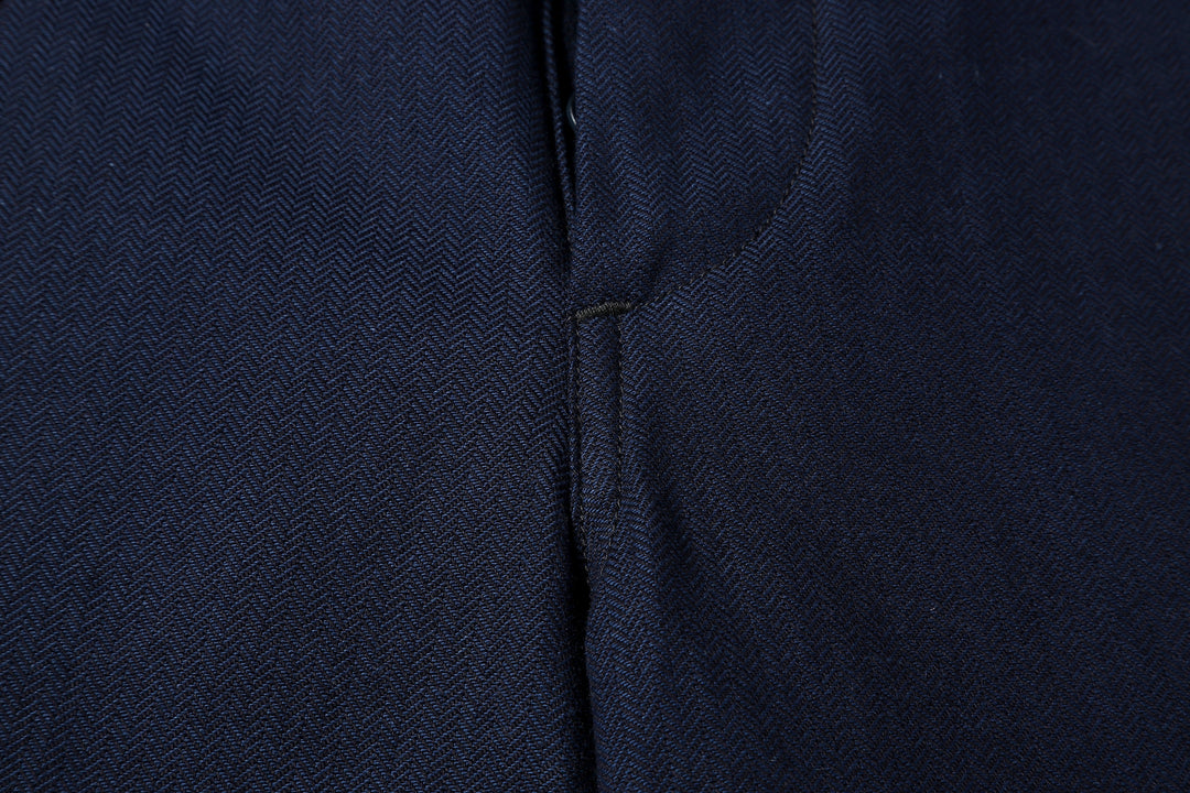 Boncoura 41 indigo herringbone trousers front view crotch seam