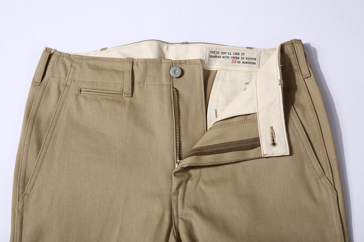 Boncoura 41 khaki chino trousers high density chino cloth made in Japan front view zipper fly