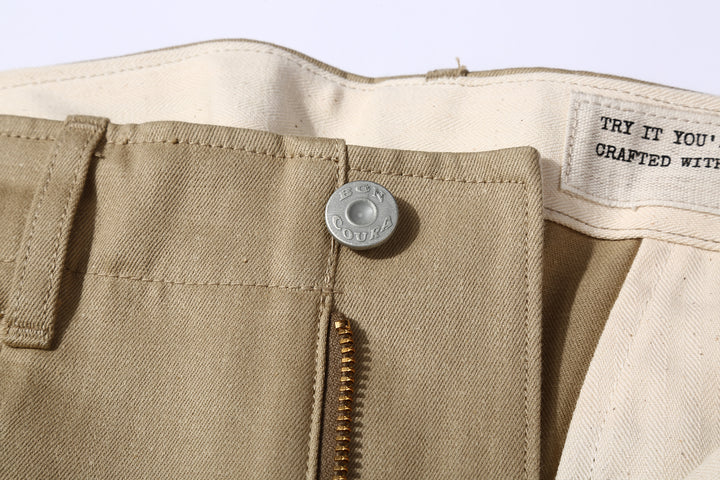Boncoura 41 khaki chino trousers high density chino cloth made in Japan button detail
