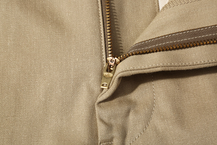 Boncoura 41 khaki chino trousers high density chino cloth made in Japan zipper detail