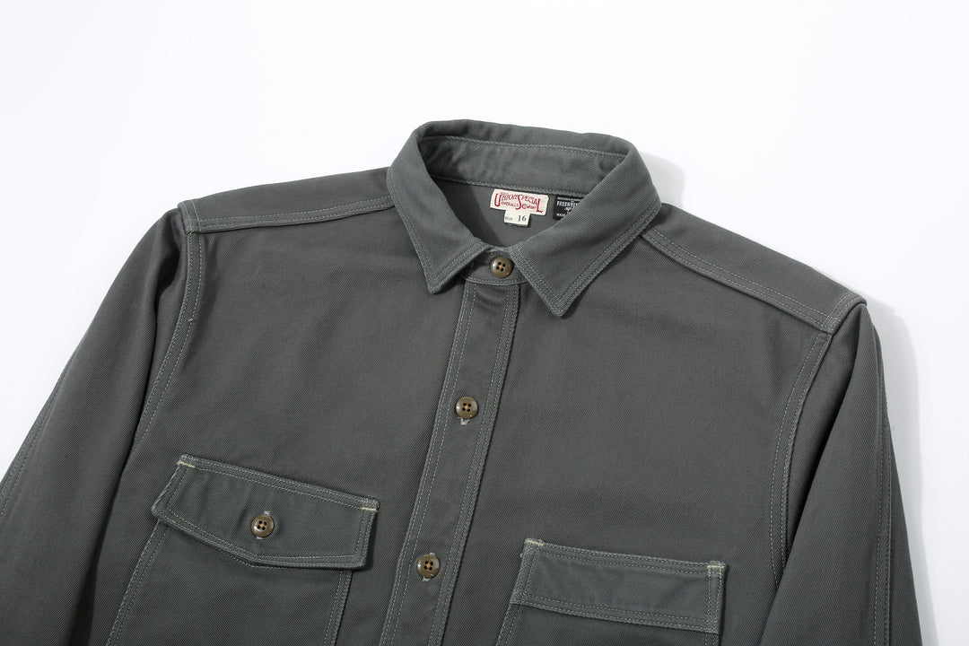 Freewheelers 2533006 Gemsa Hard Twist Kersey Work Shirt in Steel Grey – Upper Front Detail