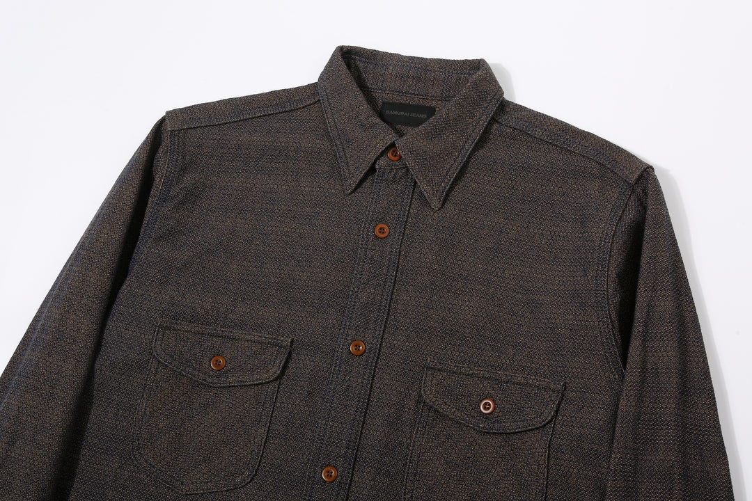 Samurai Jeans SSS26-KSKW Kanoko Ai-Madara Sashiko Work Shirt - Upper Front View