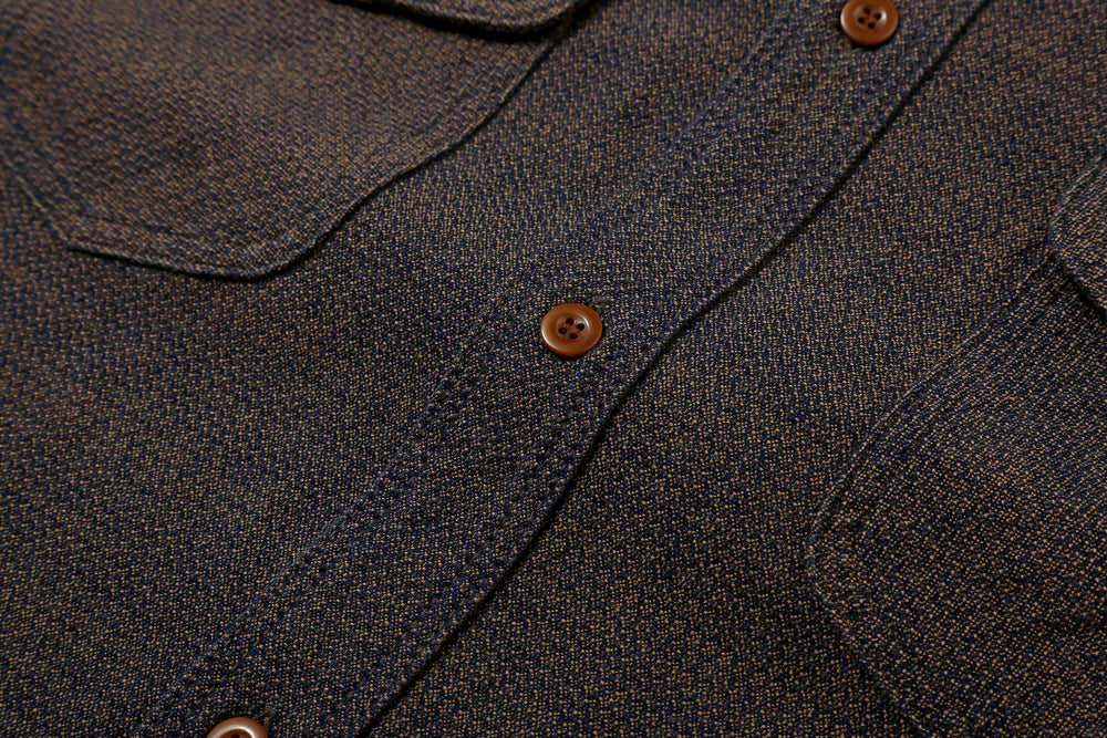 Samurai Jeans SSS26-KSKW Kanoko Ai-Madara Sashiko Work Shirt - Fabric and Nut Button Detail
