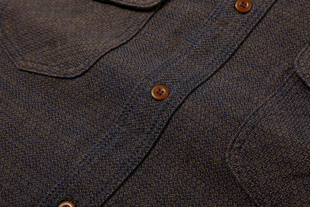 Samurai Jeans SSS26-KSKW Kanoko Ai-Madara Sashiko Work Shirt - Fabric and Nut Button Detail