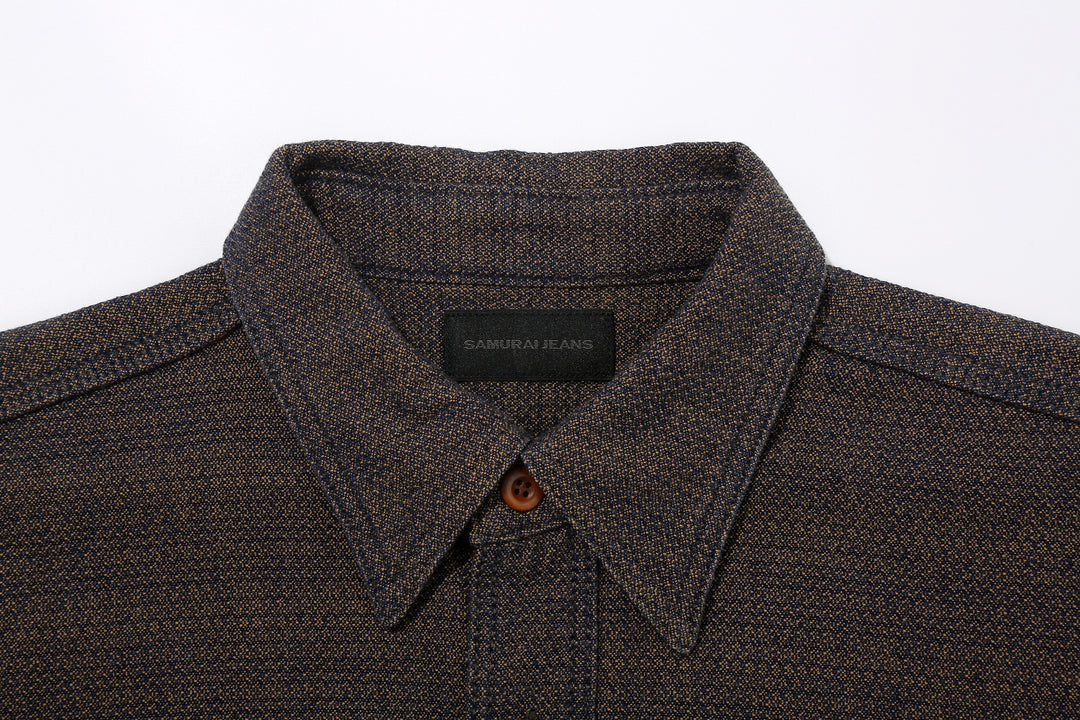 Samurai Jeans SSS26-KSKW Kanoko Ai-Madara Sashiko Work Shirt - Collar Detail