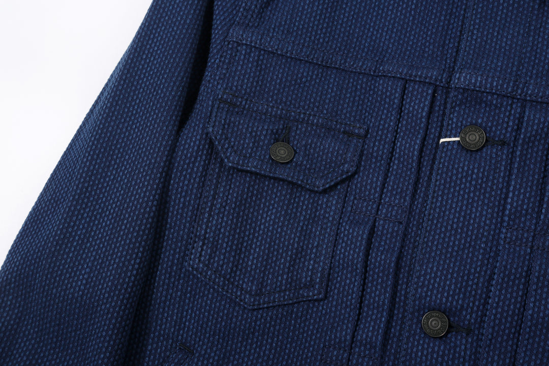 Pure Blue Japan 6106-2 Double Natural Indigo Type 2 Sashiko Jacket Made in Japan - Front Pocket and Pleat Detail