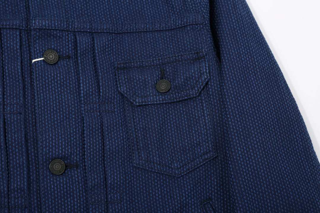 Pure Blue Japan 6106-2 Double Natural Indigo Type 2 Sashiko Jacket Made in Japan - Chest Pocket and Custom Metal Button Detail