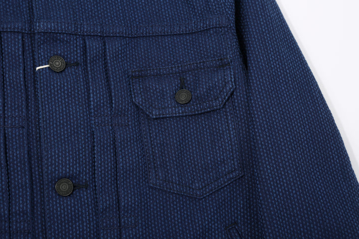 Pure Blue Japan 6106-2 Double Natural Indigo Type 2 Sashiko Jacket Made in Japan - Chest Pocket and Custom Metal Button Detail