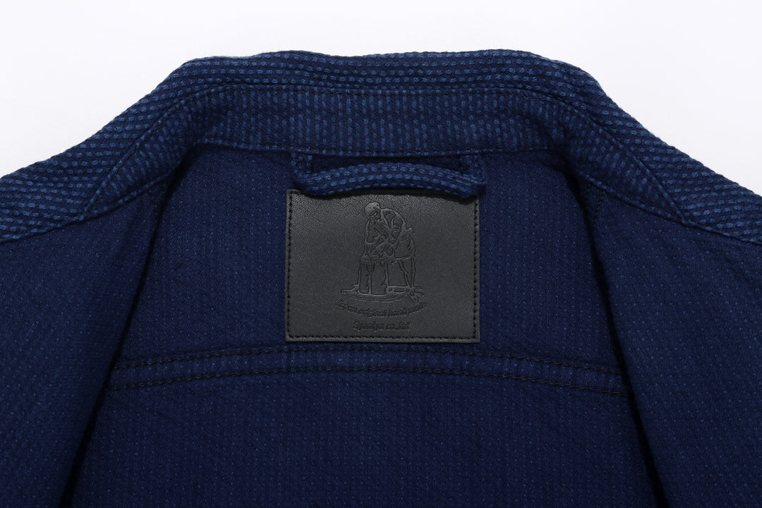 Pure Blue Japan 6106-2 Double Natural Indigo Type 2 Sashiko Jacket Made in Japan - Interior Collar and Leather Patch Detail