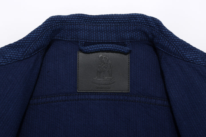 Pure Blue Japan 6106-2 Double Natural Indigo Type 2 Sashiko Jacket Made in Japan - Interior Collar and Leather Patch Detail