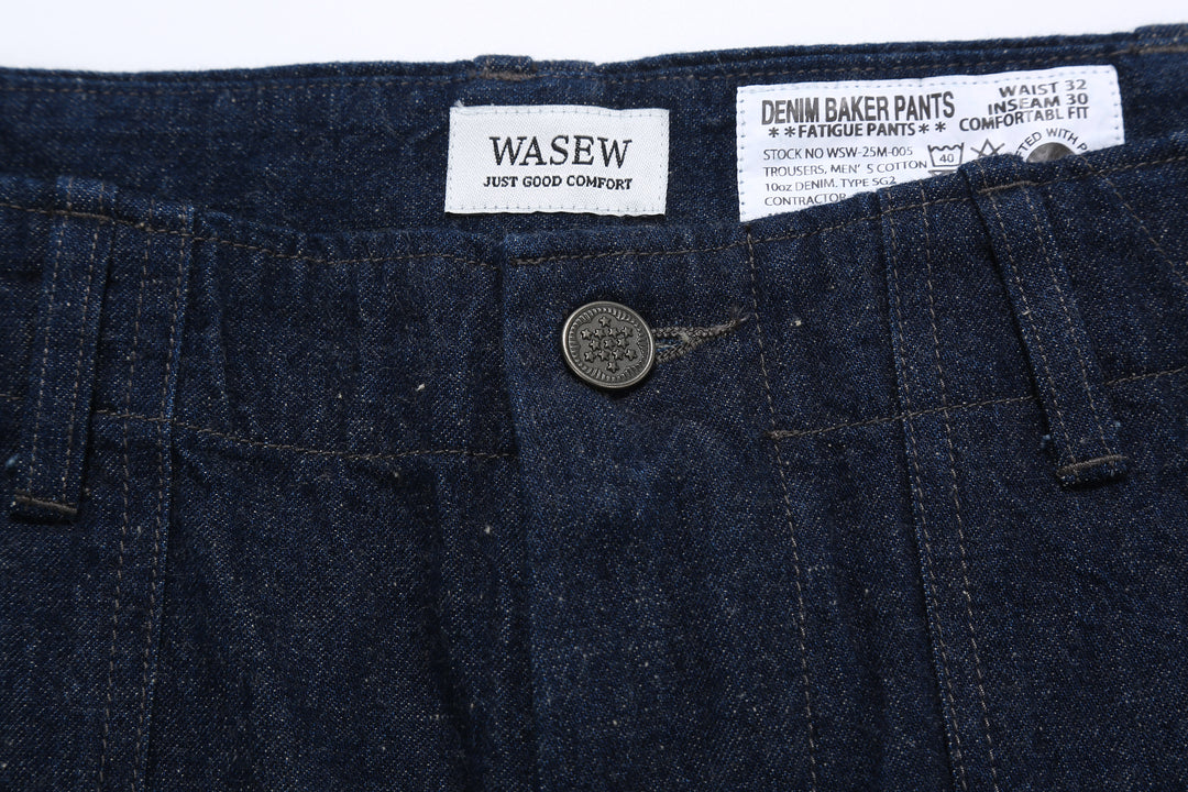 Wasew WSW-25M-005 10oz nep denim baker pants made in Japan lightweight textured denim military pants button close up