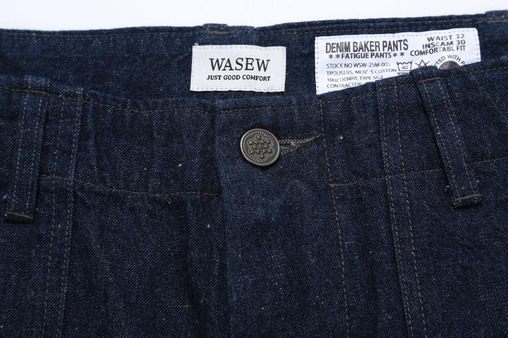 Wasew WSW-25M-005 10oz nep denim baker pants made in Japan lightweight textured denim military pants button close up