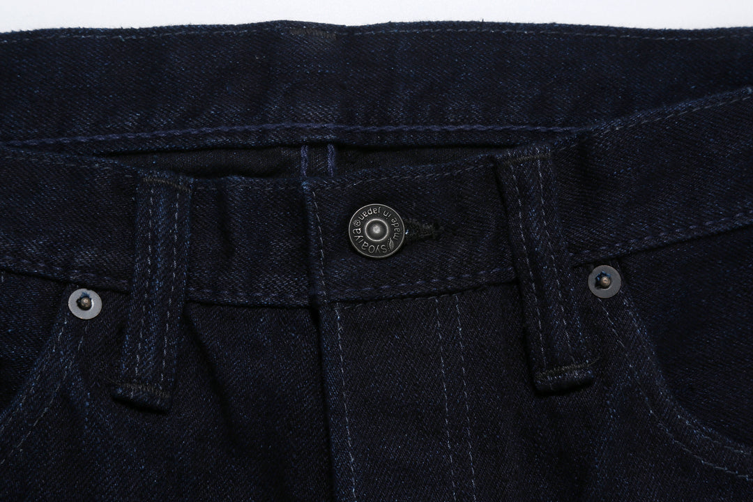 Pure Blue Japan XX-003-IDBK 14oz Indigo x Black Selvedge Denim - Regular Straight Fit Front Button Close Up