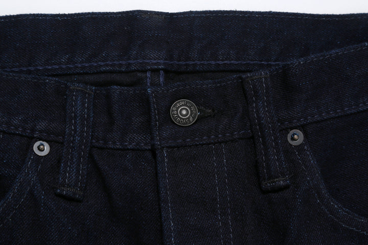 Pure Blue Japan XX-003-IDBK 14oz Indigo x Black Selvedge Denim - Regular Straight Fit Front Button Close Up
