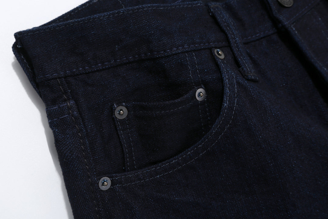 Pure Blue Japan XX-003-IDBK 14oz Indigo x Black Selvedge Denim - Regular Straight Fit Right Pocket Close Up
