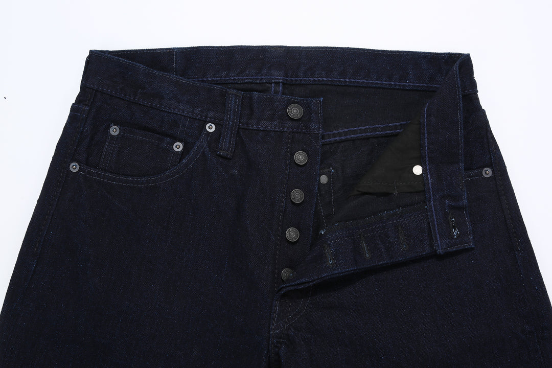 Pure Blue Japan XX-003-IDBK 14oz Indigo x Black Selvedge Denim - Regular Straight Fit Front Buttons Detail