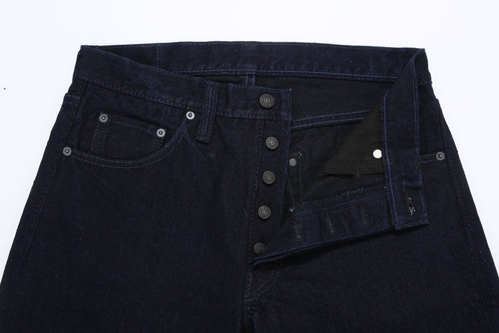 Pure Blue Japan XX-003-IDBK 14oz Indigo x Black Selvedge Denim - Regular Straight Fit Front Buttons Detail