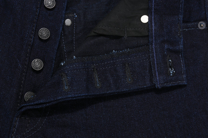 Pure Blue Japan XX-003-IDBK 14oz Indigo x Black Selvedge Denim - Regular Straight Fit Front Buttons Hole