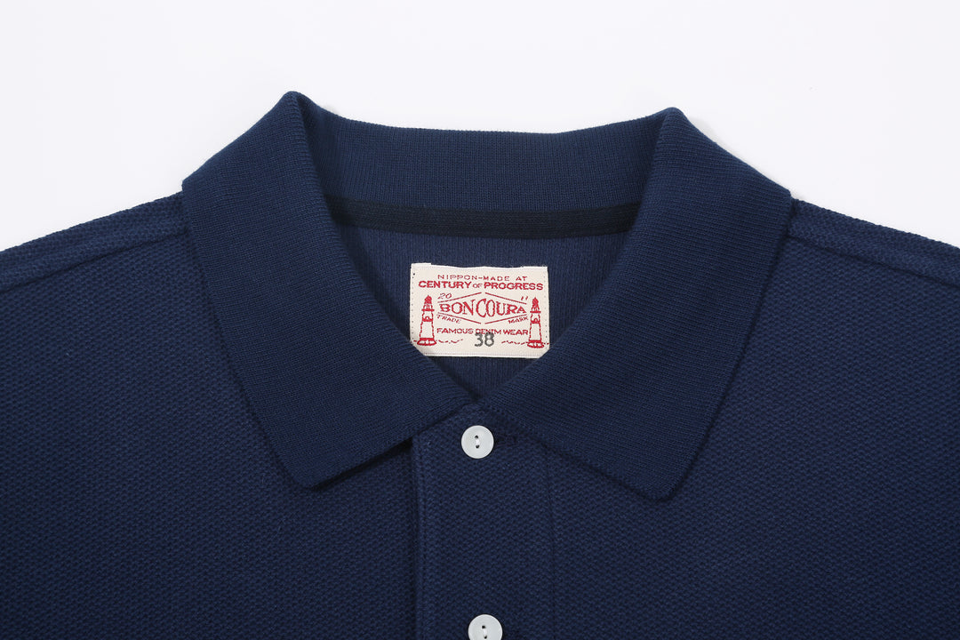 Boncoura Heavyweight Special Knit Polo Shirt made in Japan ボンクラポロシャツ Navy Collar Close Up