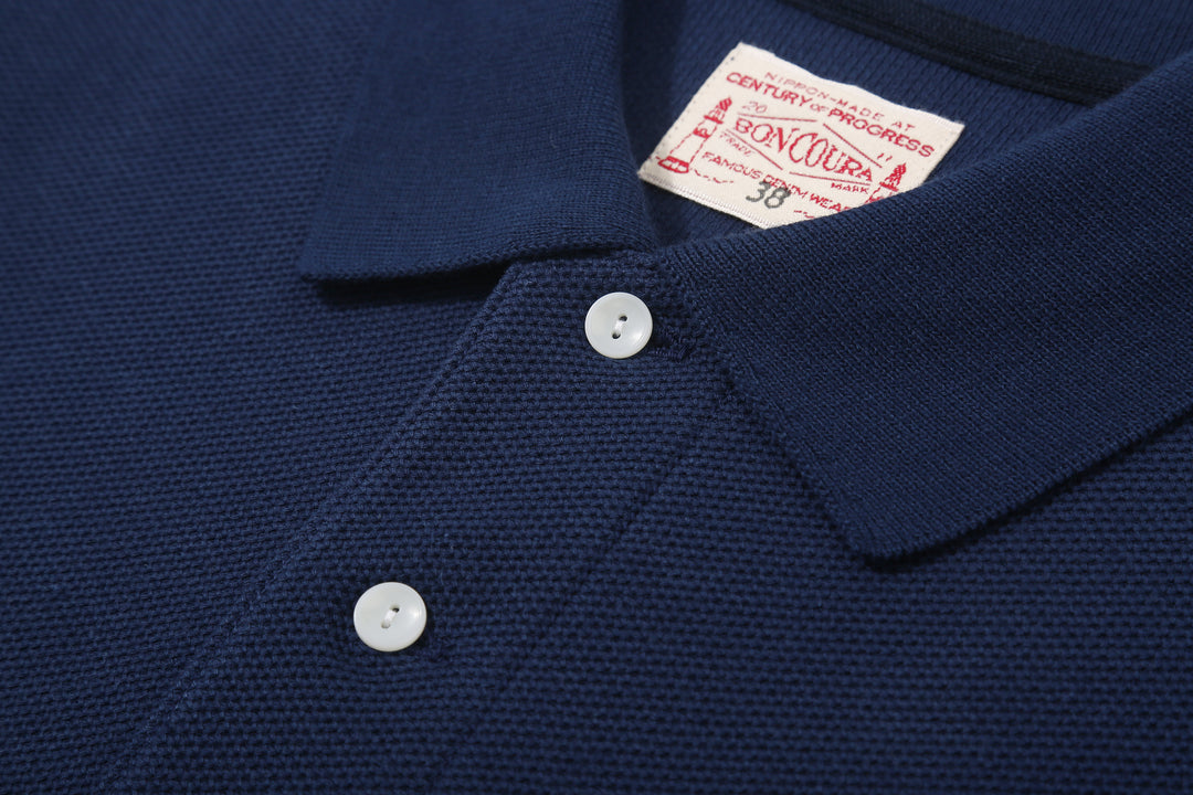 Boncoura Heavyweight Special Knit Polo Shirt made in Japan ボンクラポロシャツ Navy Collar Close Up