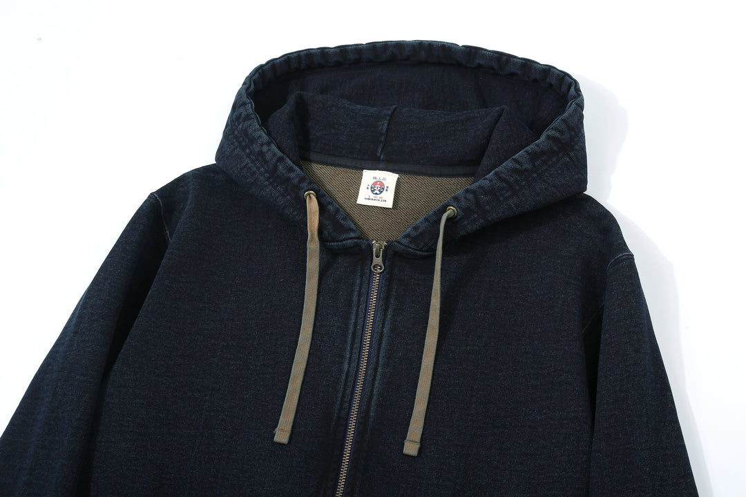 Samurai Jeans SIS25-102 14.5oz Indigo Full-Zip Hoodie - Kakishibu Overdyed Hood